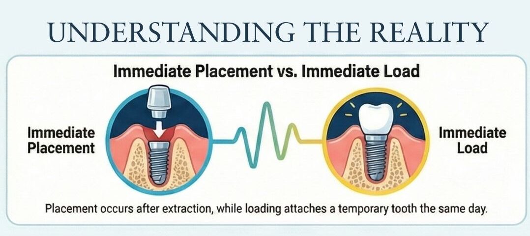 Infographic depicting the difference between immediate placement versus immediate load for dental implants