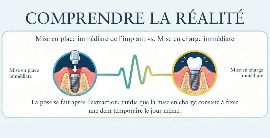Infographie illustrant la différence entre la pose immédiate et la mise en charge immédiate des implants dentaires 