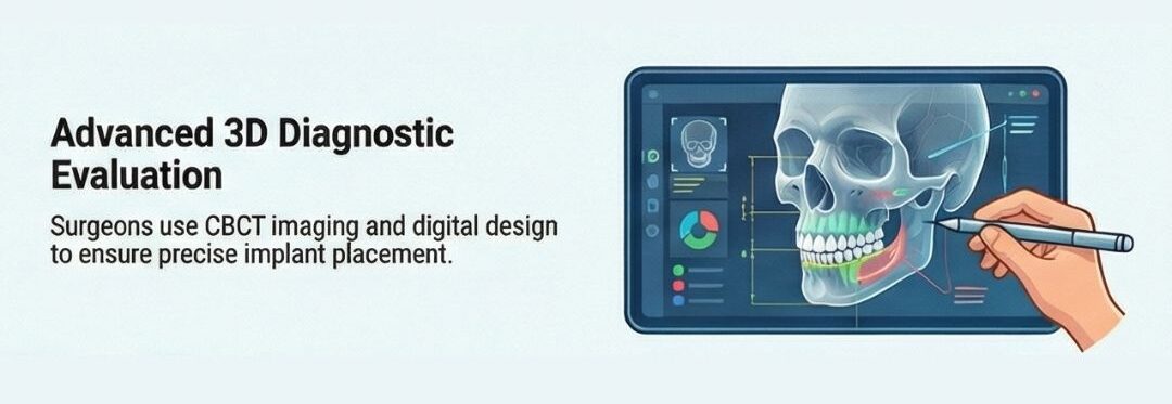 Infographic explaining the diagnostic evaluation for same-day dental implants in Montreal