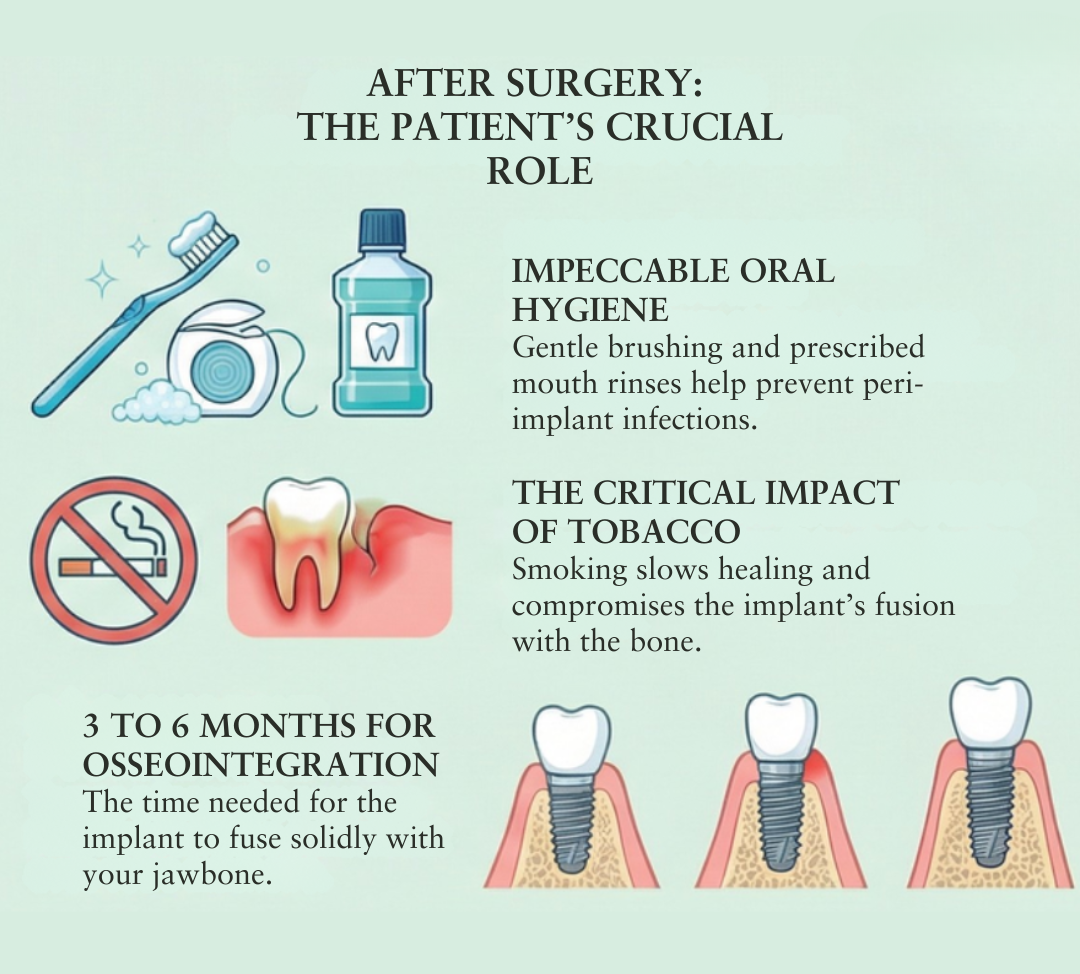 Infographic explaining the crucial role the patient plays in postoperative care related to dental implants
