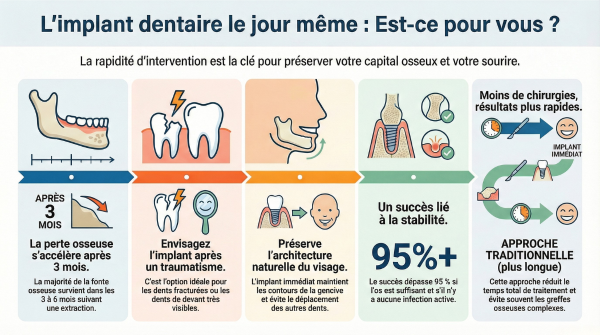 Une infographie expliquant quand les implants dentaires en un jour doivent être envisagés comme une option 