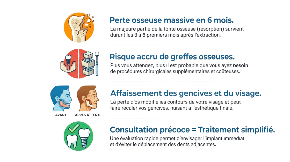 Une infographie expliquant ce qui se passe si vous attendez trop longtemps après avoir perdu une dent avant de recourir à un implant dentaire 
