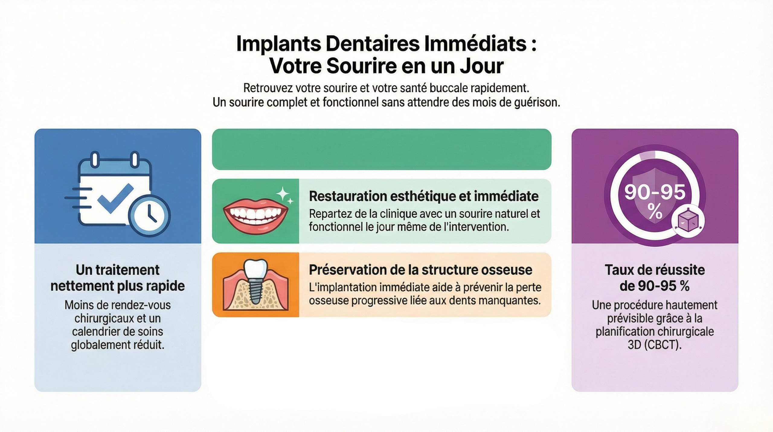 Une infographie expliquant les avantages des implants dentaires immédiats 