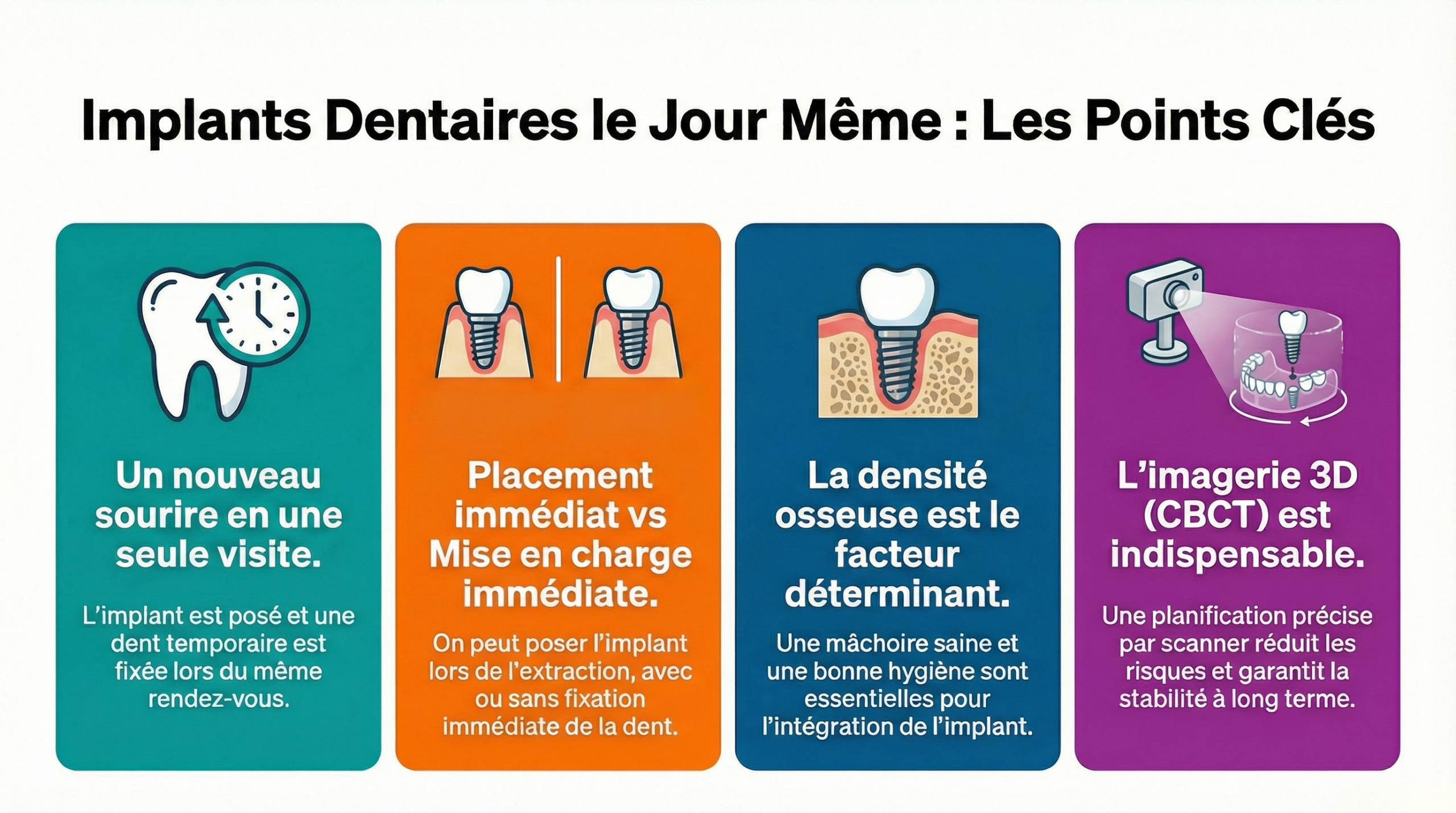 Une infographie expliquant les points clés à retenir concernant les options d'implants dentaires immédiats et posés le jour même 