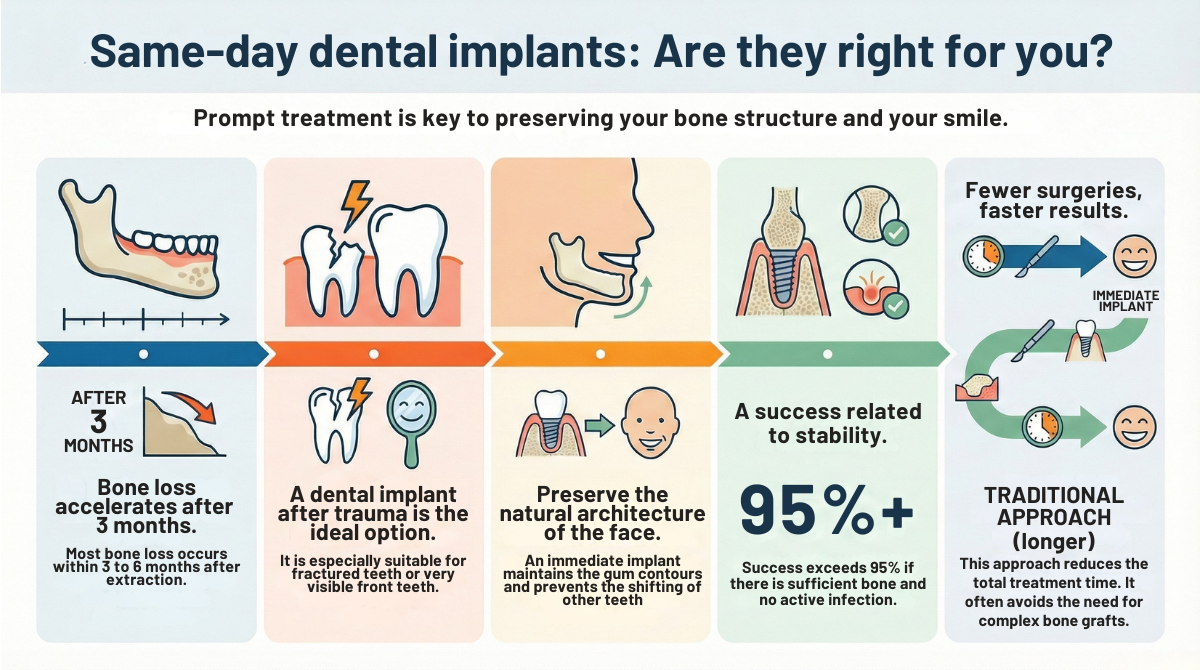 An infographic explaining when same-day dental implants should be considered as an option 