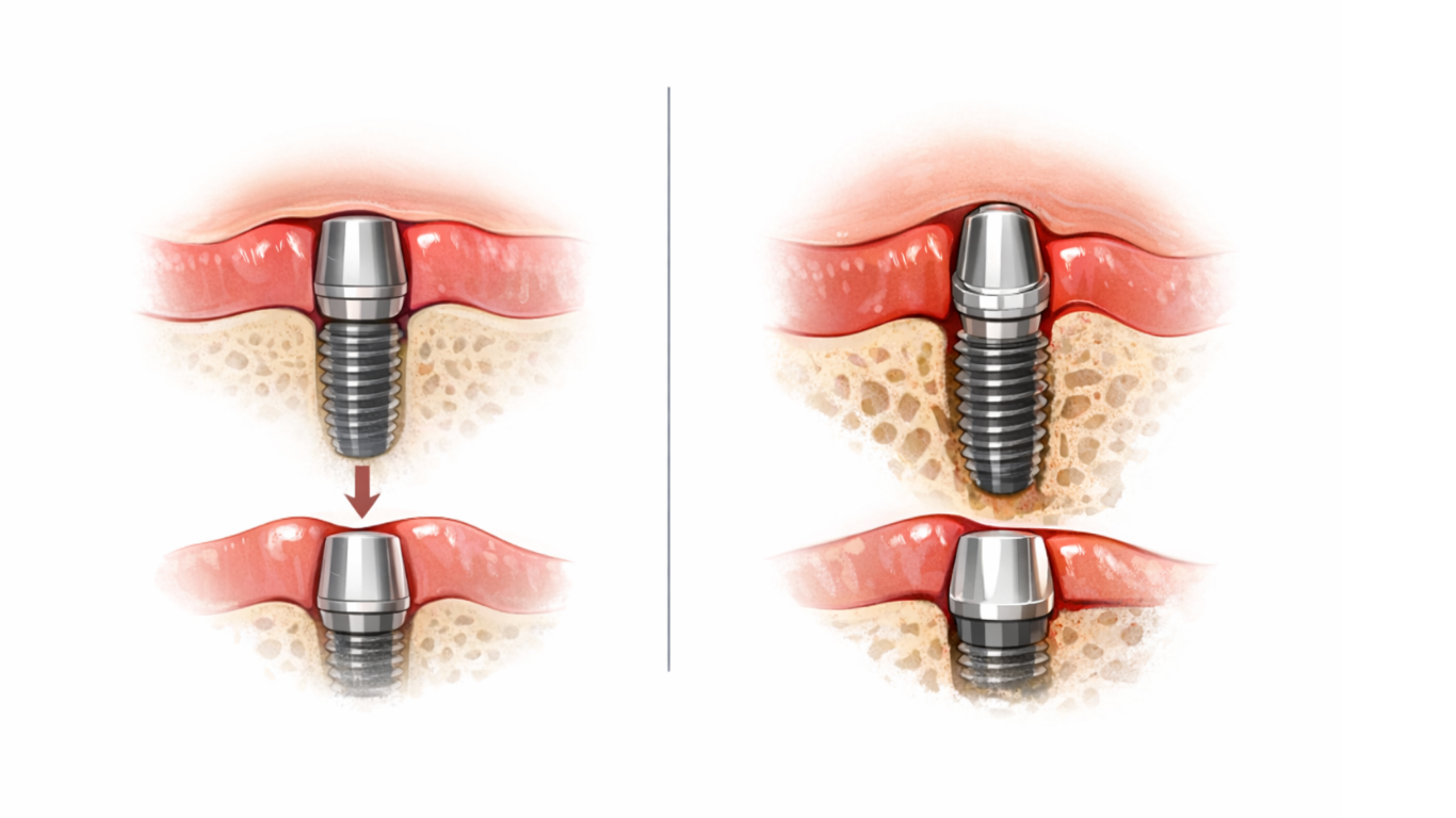 Schéma illustrant comment les biotypes gingivaux fins sont plus susceptibles de laisser apparaître les bords des implants