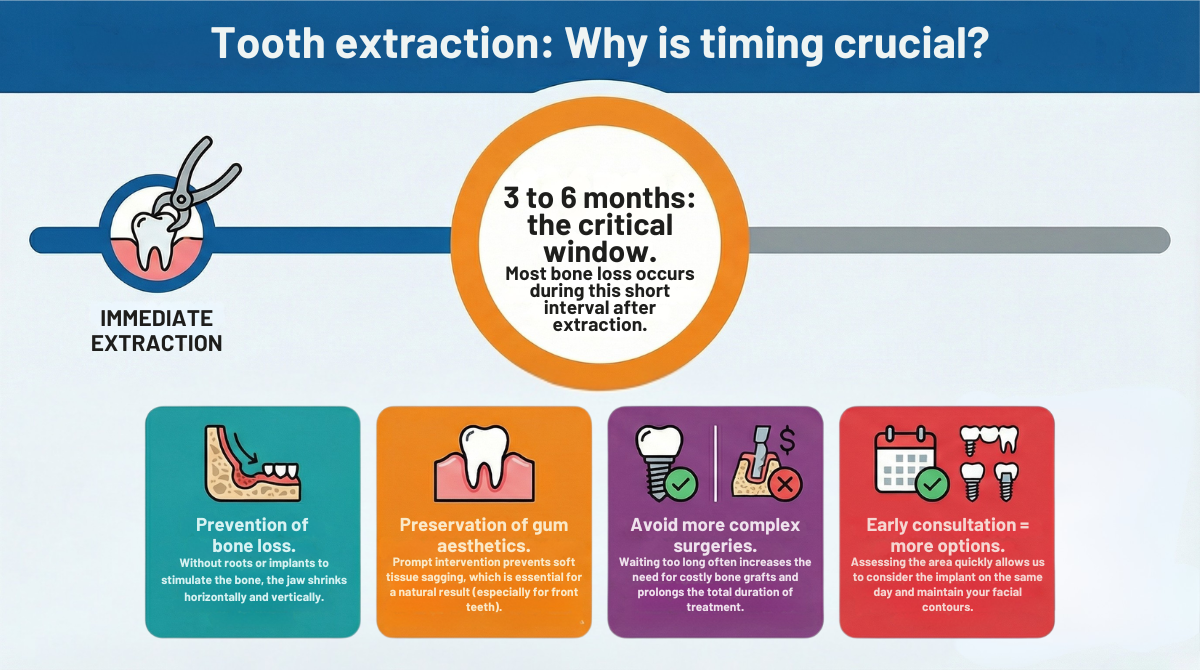 An infographic explaining why timing is so important for an implant after tooth extraction