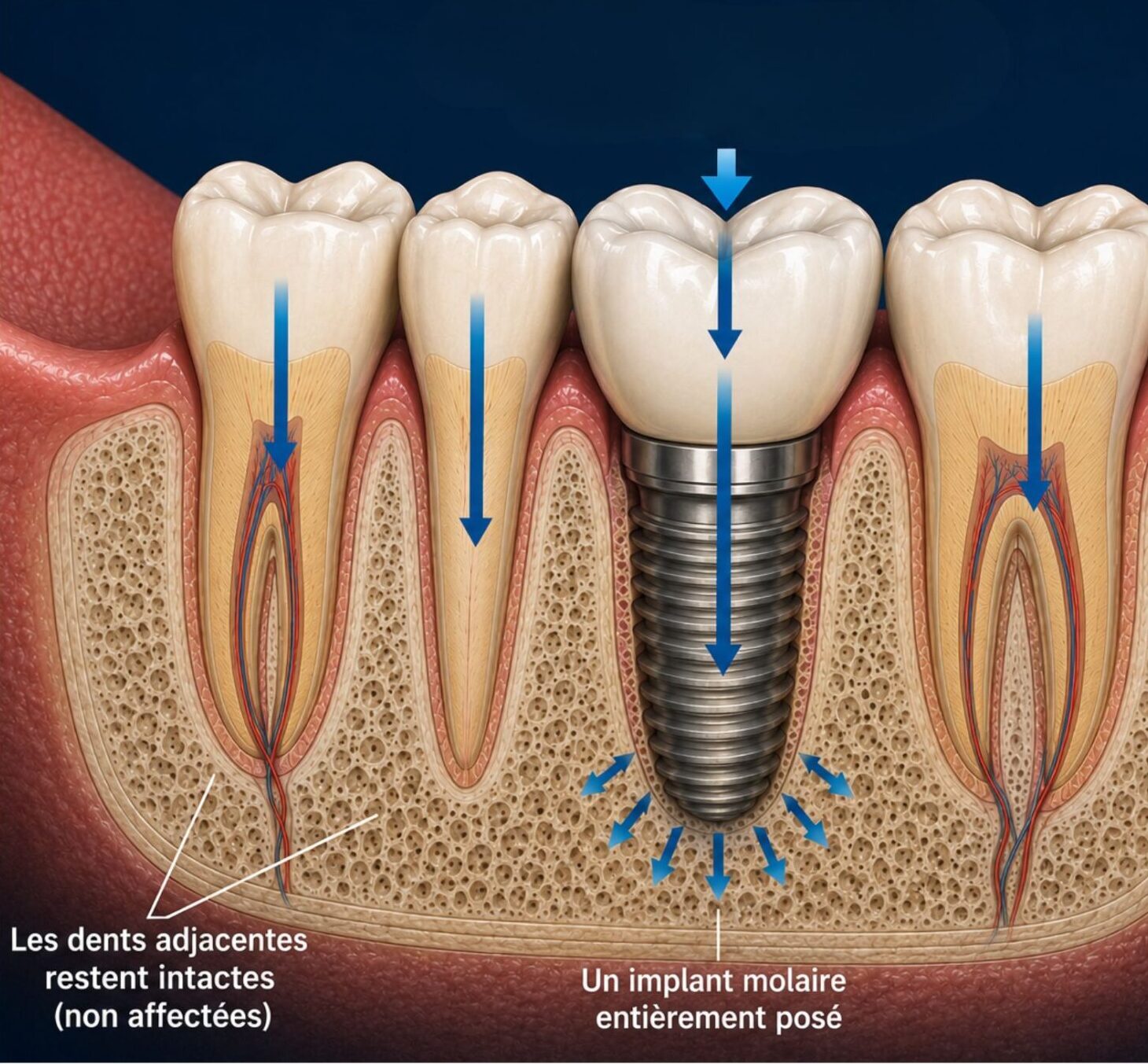  Illustration montrant un implant molaire restaurant les forces de mastication dans la mâchoire 