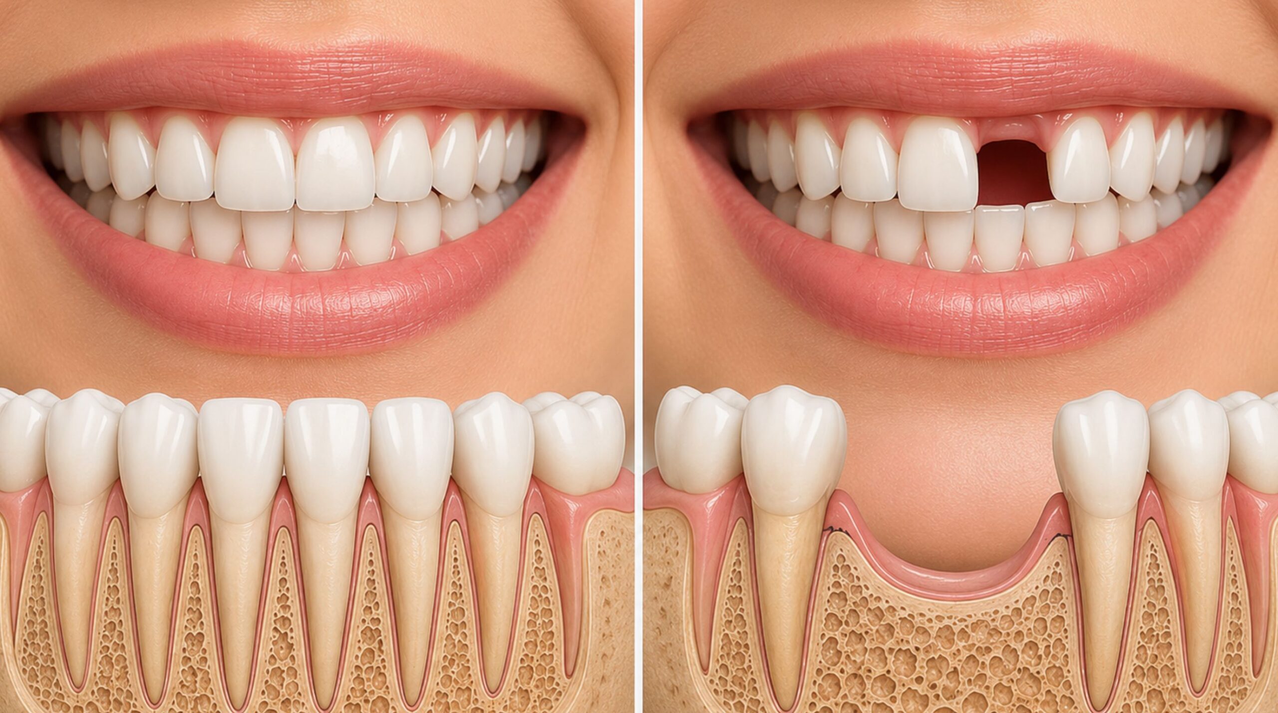 Diagram showing bone loss after a single missing tooth 