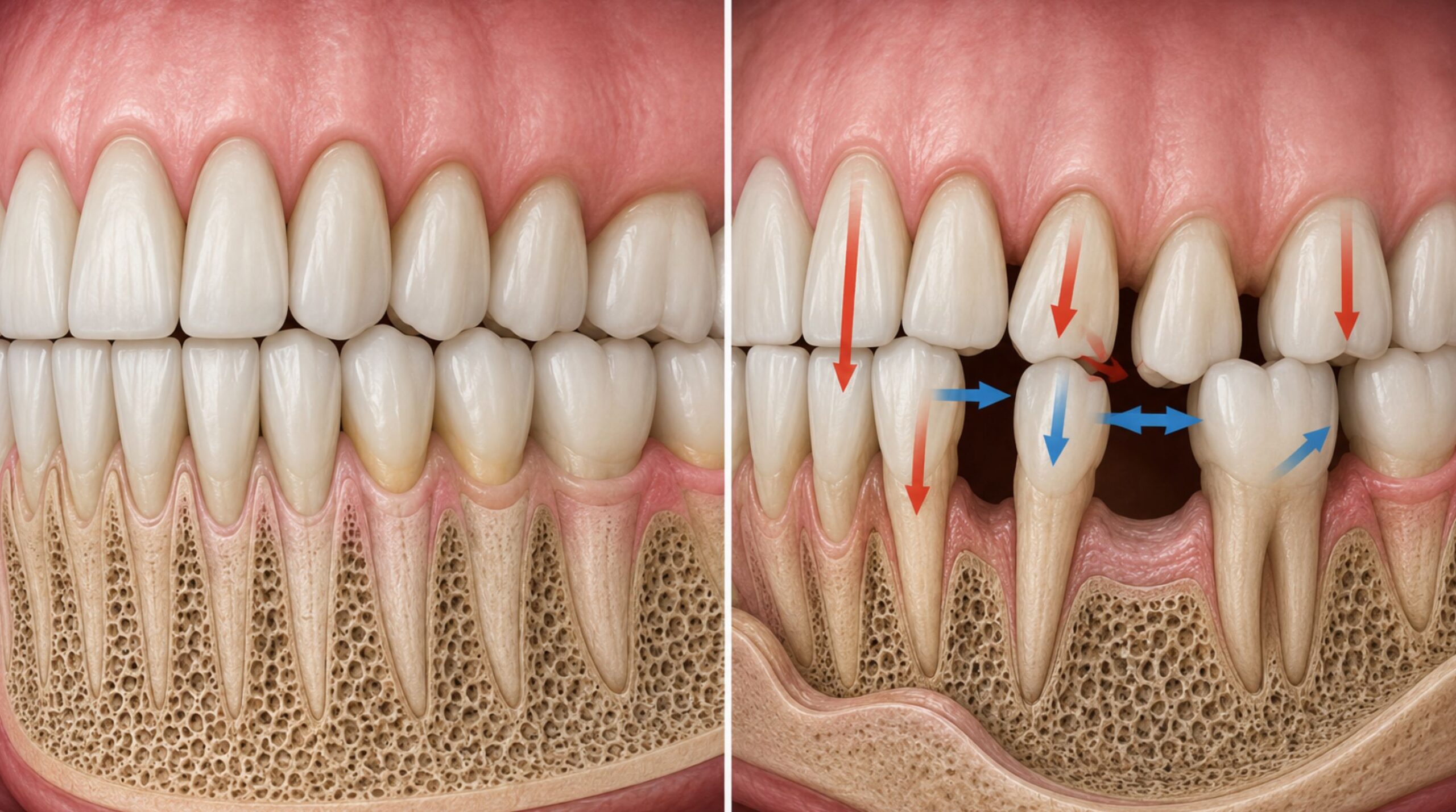 Schéma montrant la perte osseuse et le déplacement des dents après la perte d’une molaire 