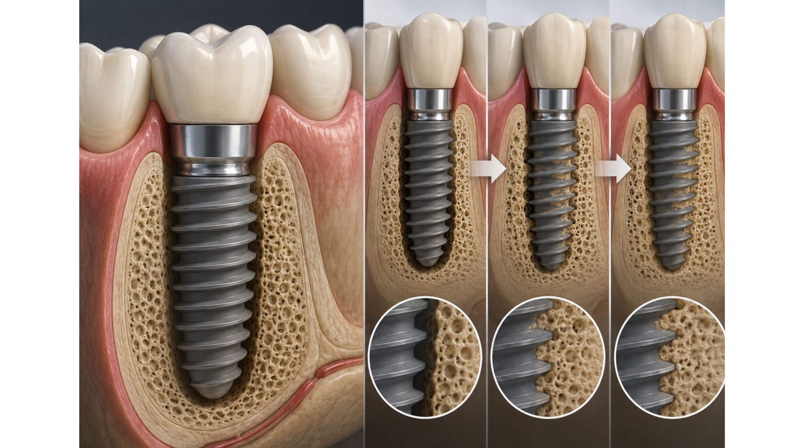  Illustration de l’ostéointégration où l’os fusionne avec un implant dentaire 