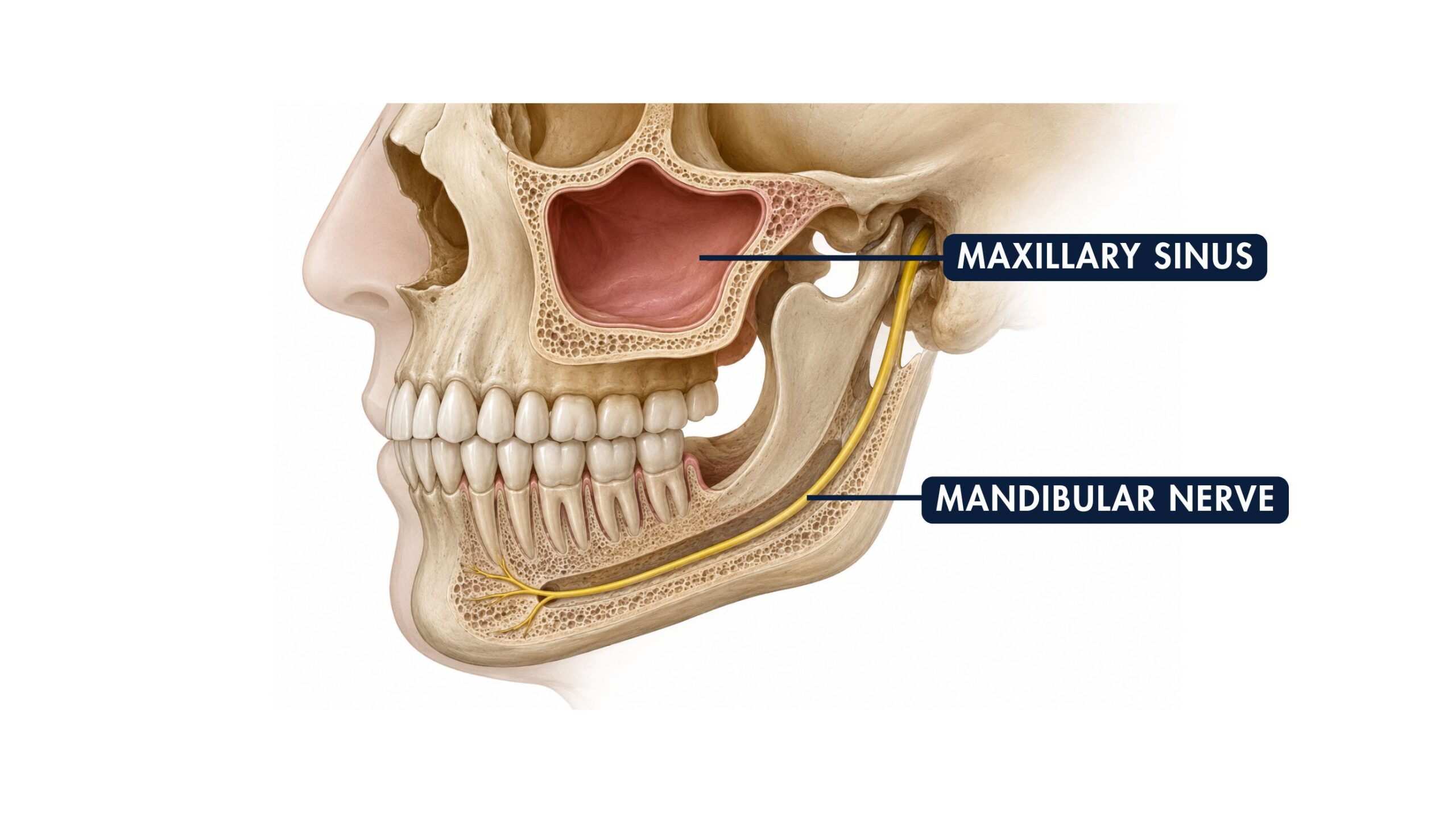 Diagram showing sinus and nerve position for safe dental implant placement 