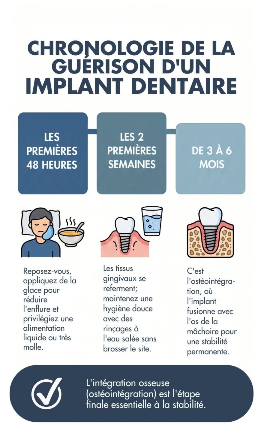 Infographie montrant les étapes de guérison d’un implant dentaire dans le temps 