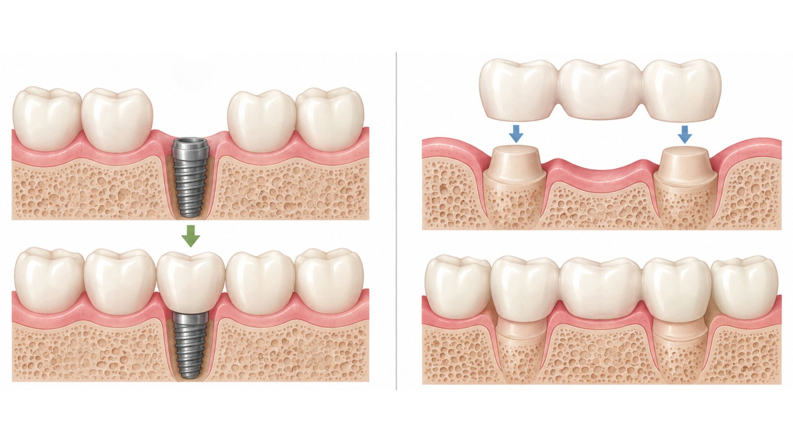 Comparison between dental implant and dental bridge for one missing tooth 