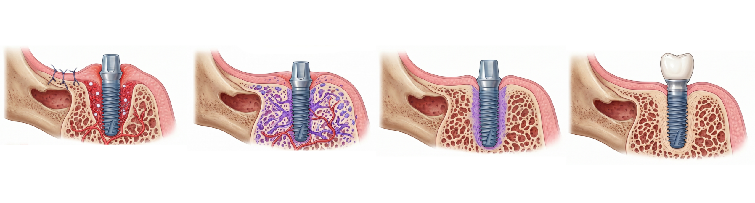Illustration of the stages of osseointegration following dental implant placement