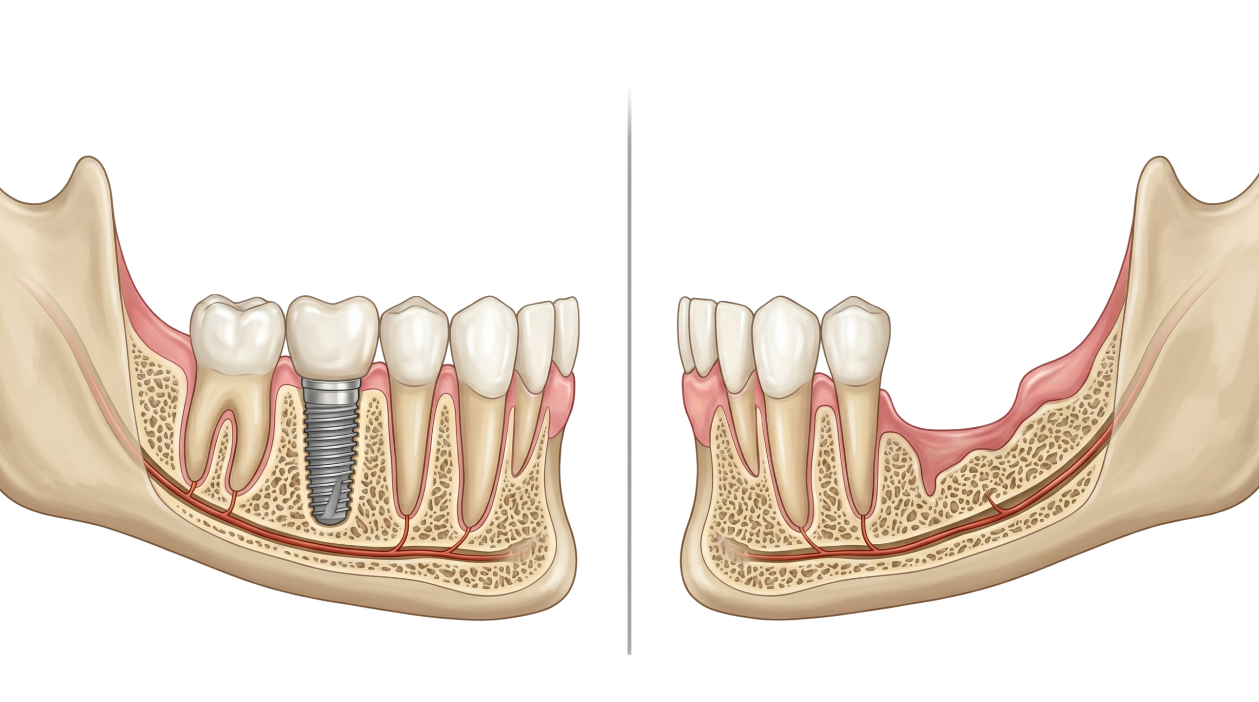 Illustration showing jawbone preservation with dental implants compared to bone loss after tooth loss 