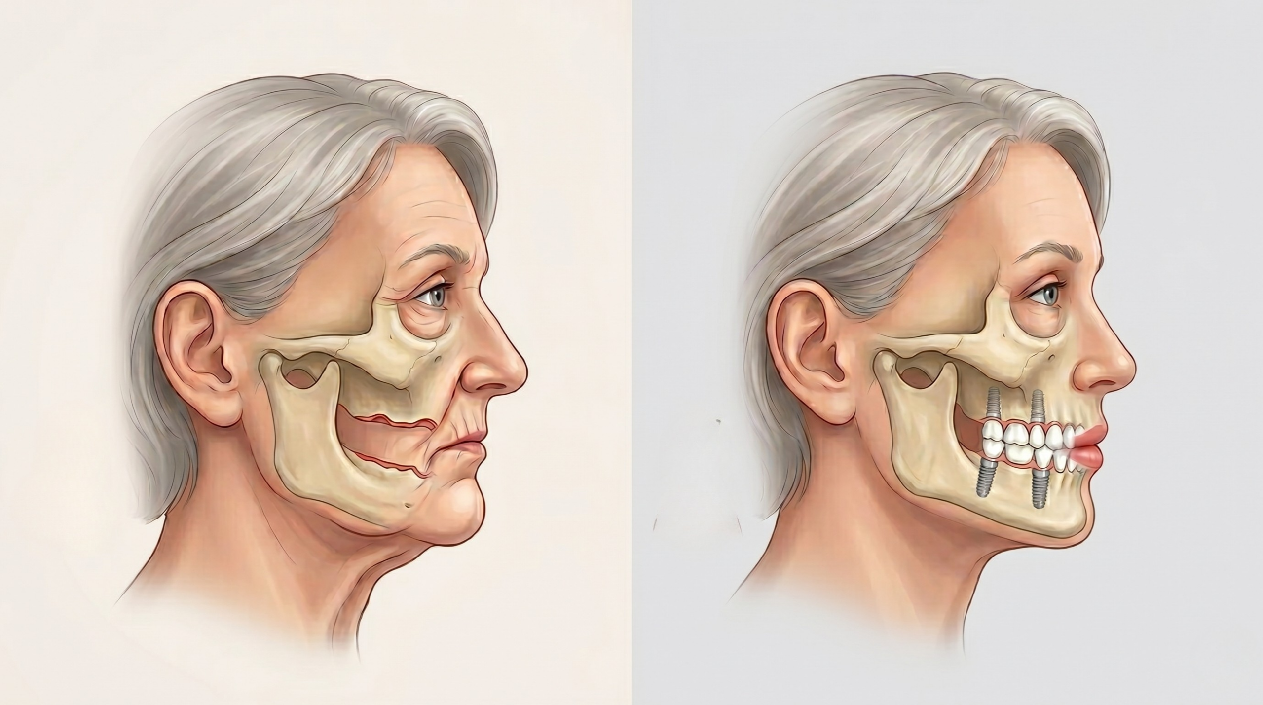 Illustration comparing facial structure before and after tooth loss and dental implants 