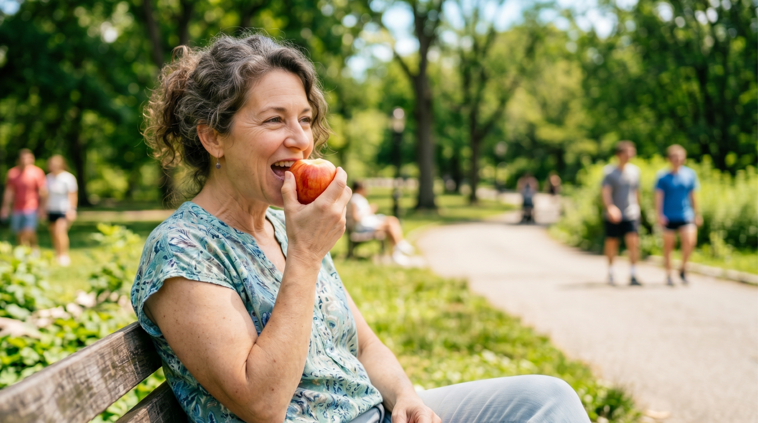 Patient comfortably eating crunchy food with dental implants 