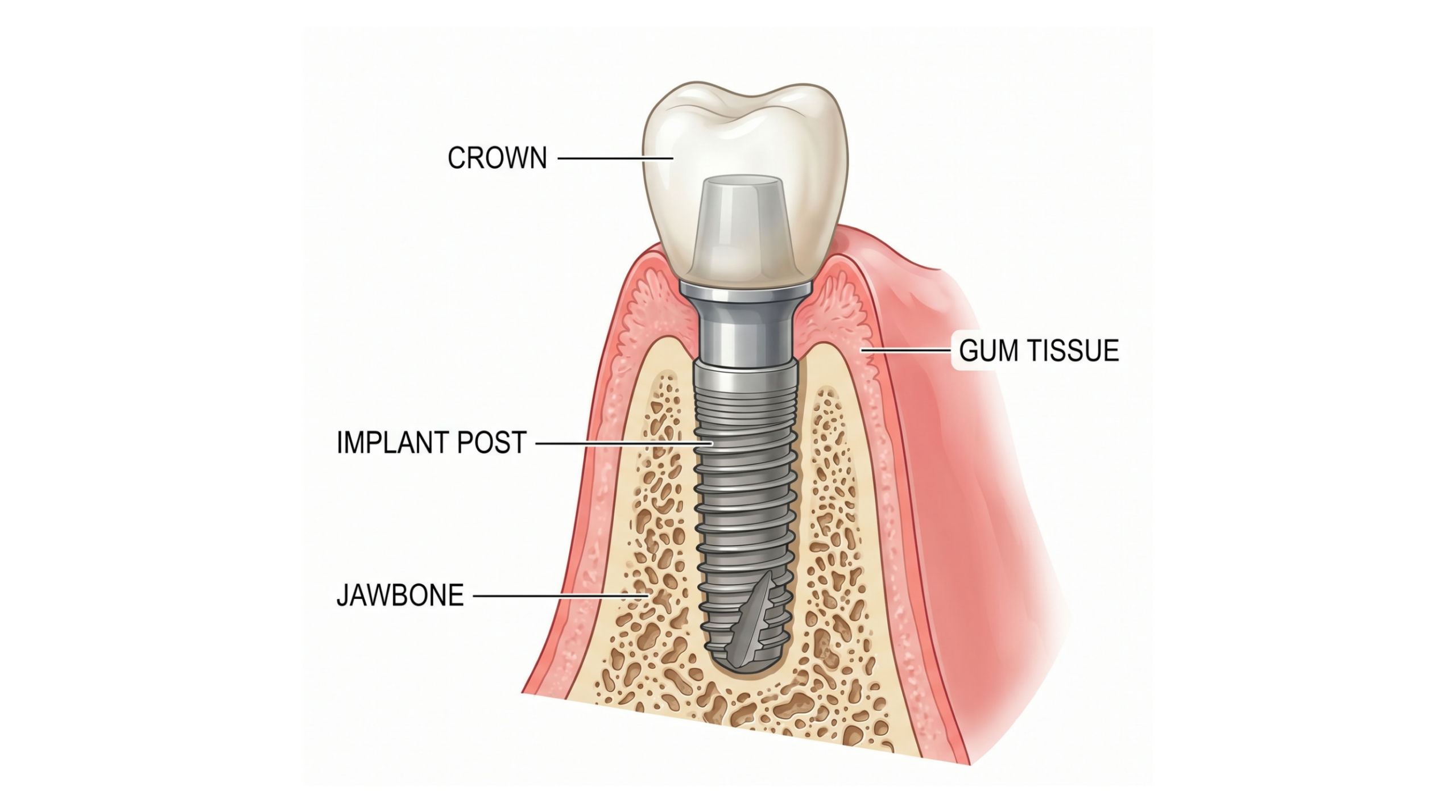 Diagram showing the structure of a dental implant, crown, and jawbone 