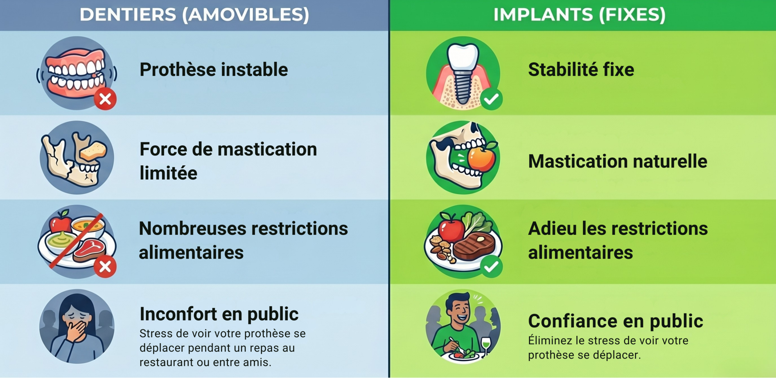Tableau comparatif illustrant ce que les implants dentaires offrent de plus que les prothèses dentaires amovibles.