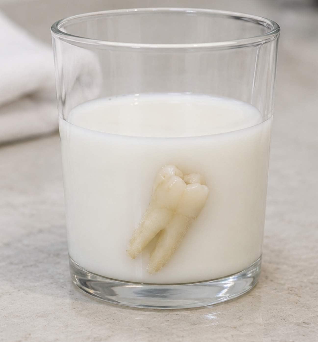Knocked-out tooth preserved in milk before emergency dental treatment