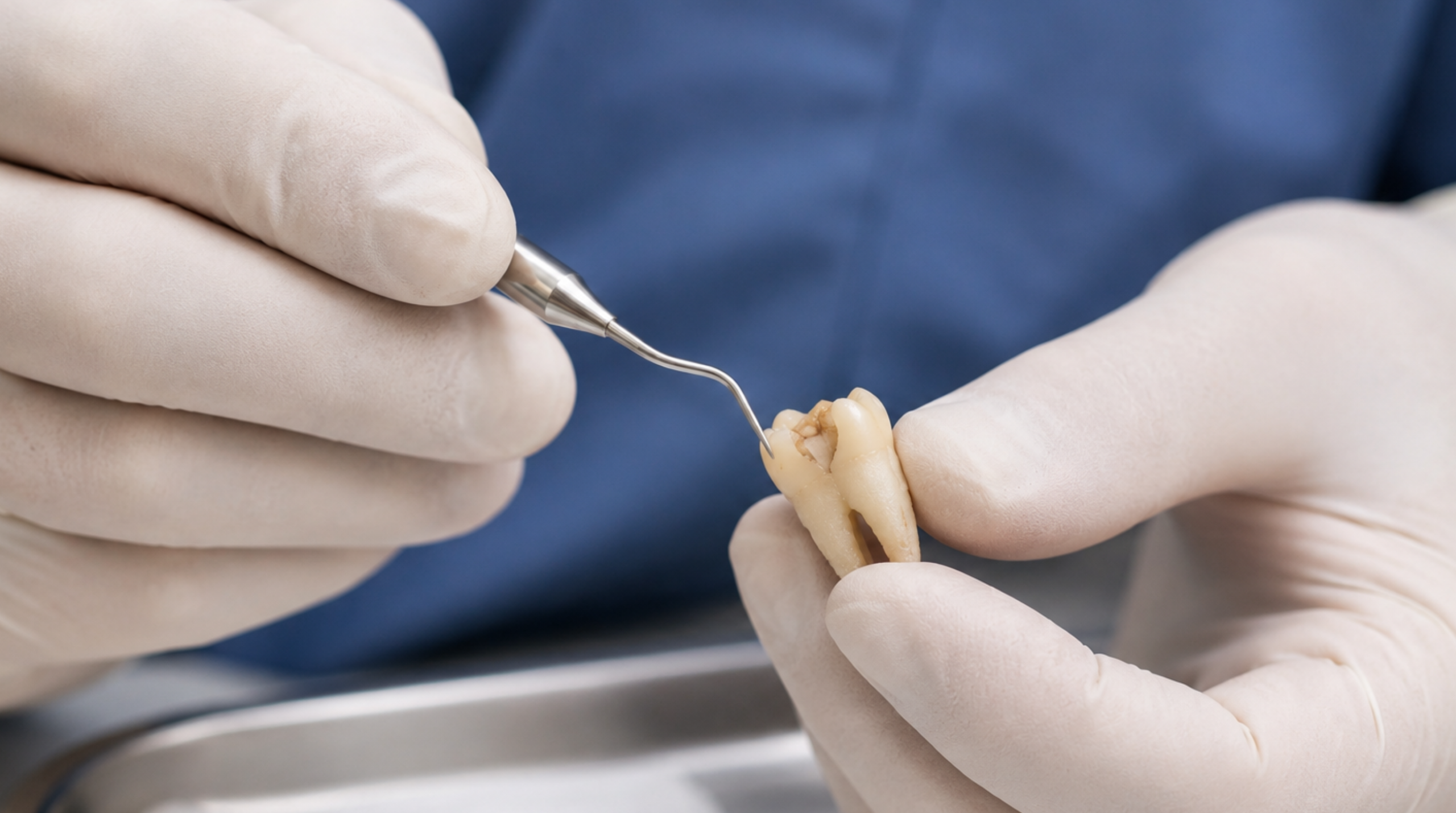Dentist evaluating a knocked-out permanent tooth after dental trauma 