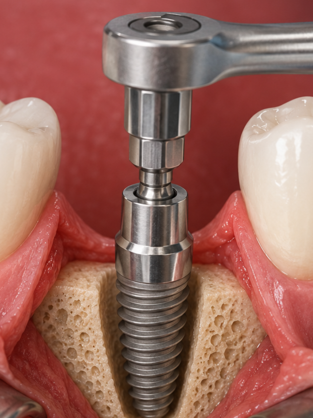 Implant dentaire inséré dans l’os de la mâchoire lors d’une chirurgie implantaire 