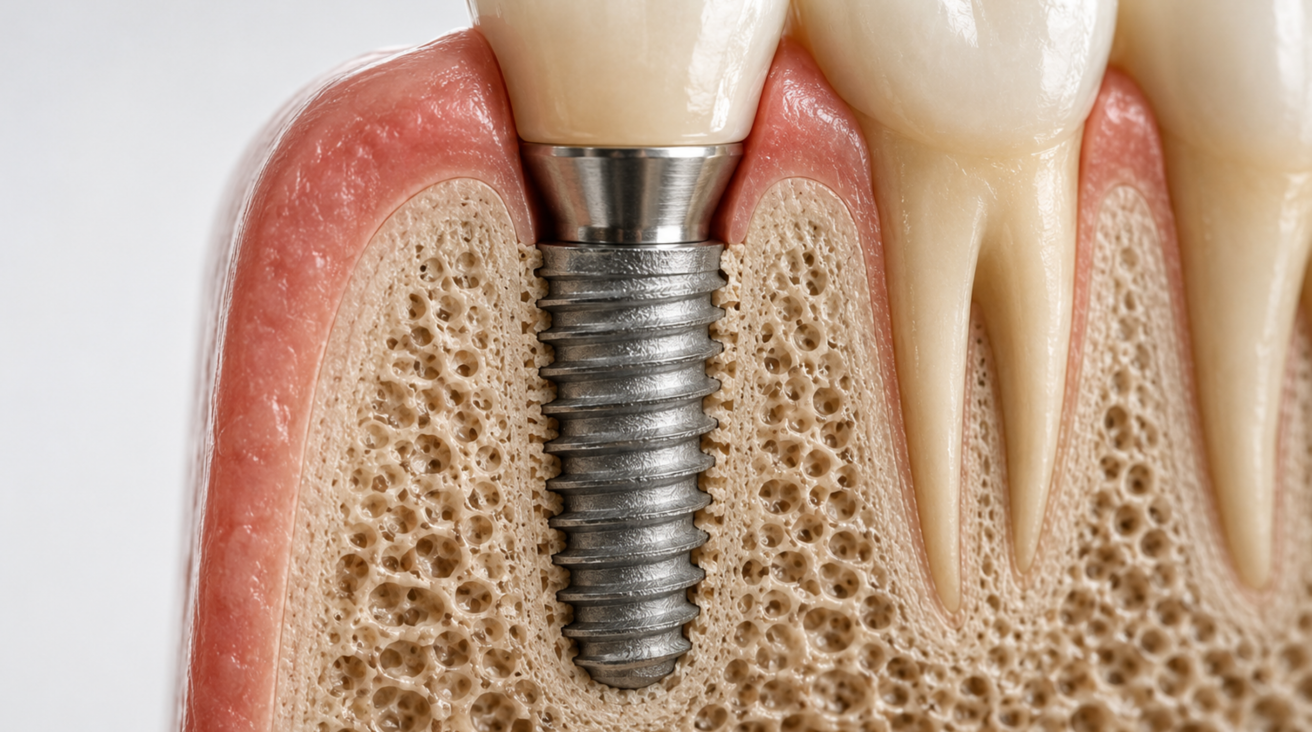 Implant dentaire s’intégrant à l’os de la mâchoire pendant le processus de guérison appelé ostéointégration 