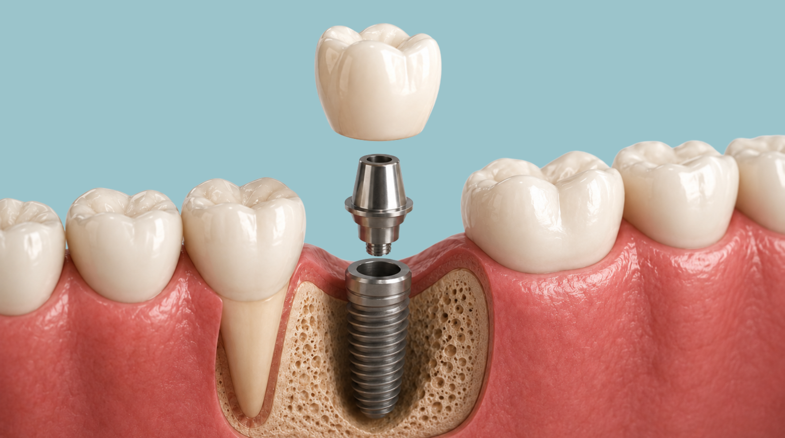 Dental implant replacing a missing tooth with implant, abutment and crown 