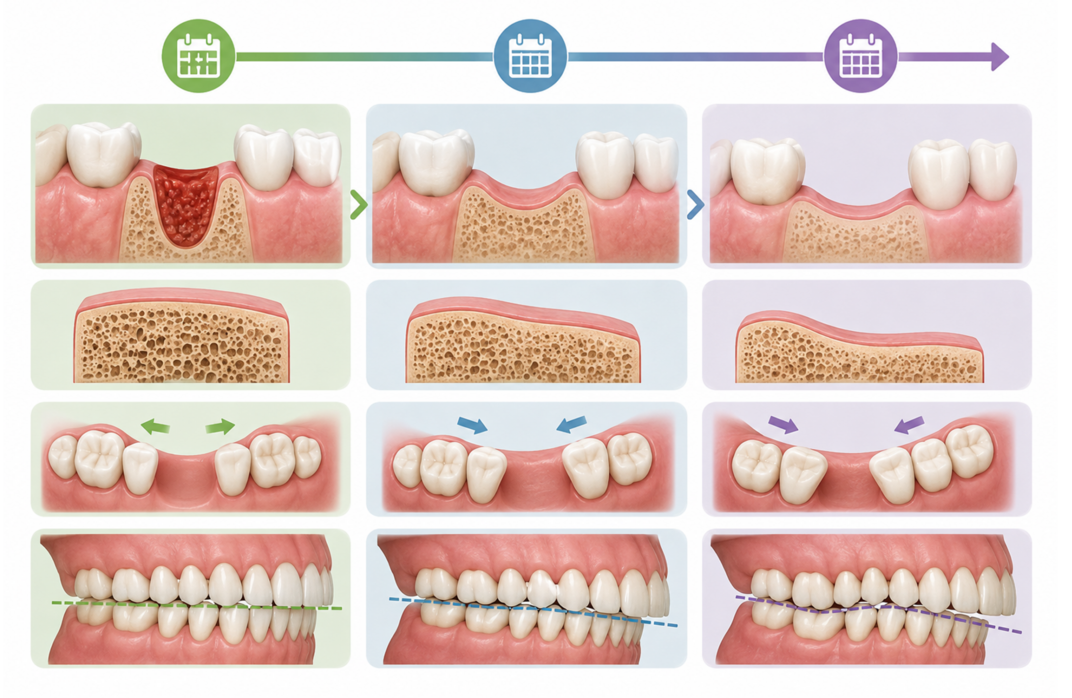Timeline showing how the mouth changes after a tooth is lost over weeks, months, and years.