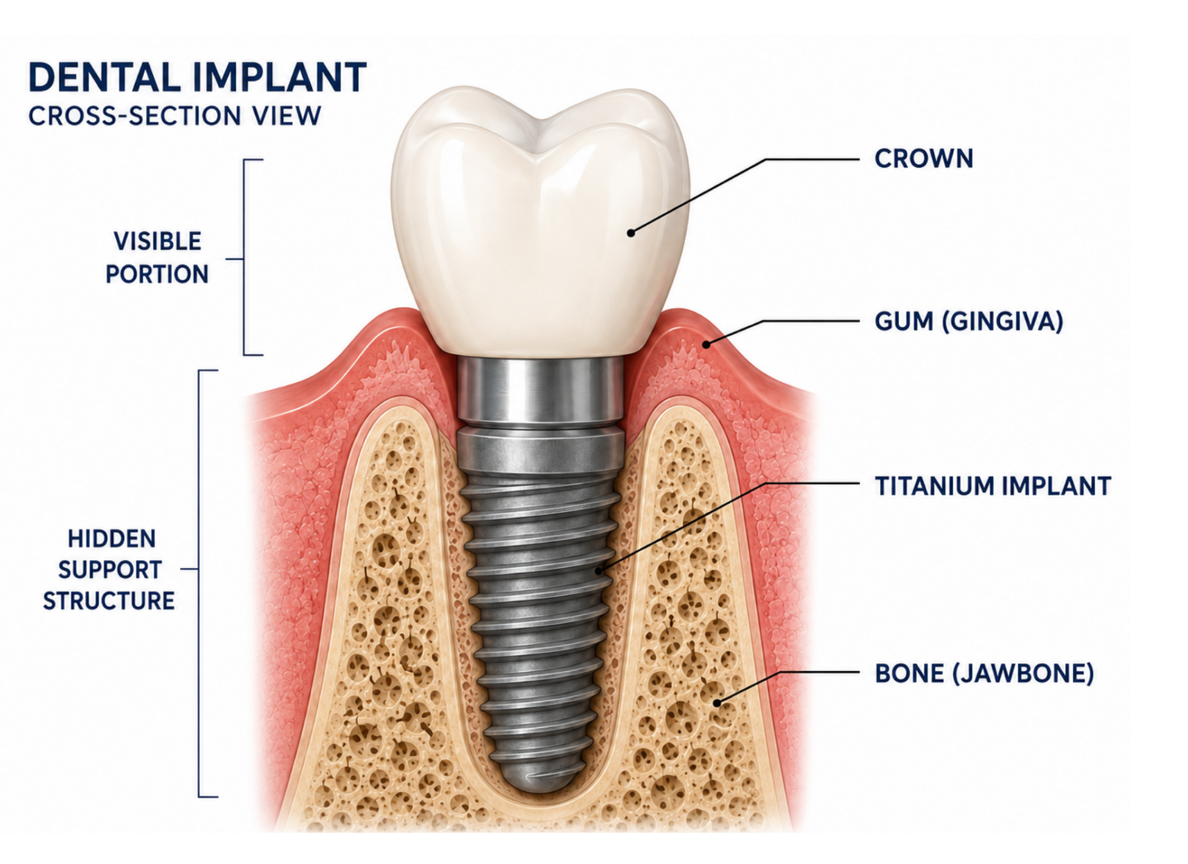 Cross-sectional illustration showing a dental implant integrated into the jawbone. 