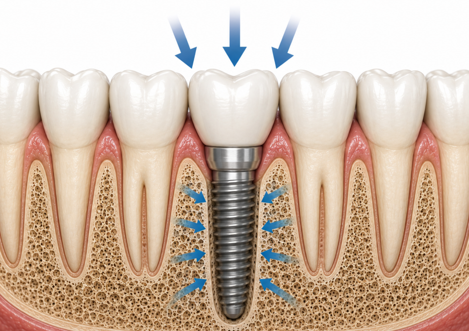 Illustration showing why a dental implant provides stable support within the jawbone. 