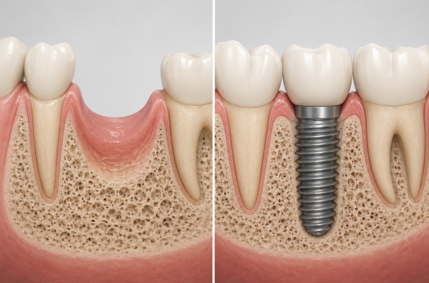 Illustration showing jawbone preservation with a dental implant compared with bone loss after tooth loss.