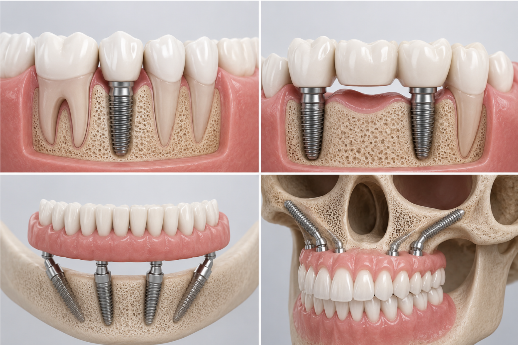 Illustration showing different implant-supported tooth replacement options. 