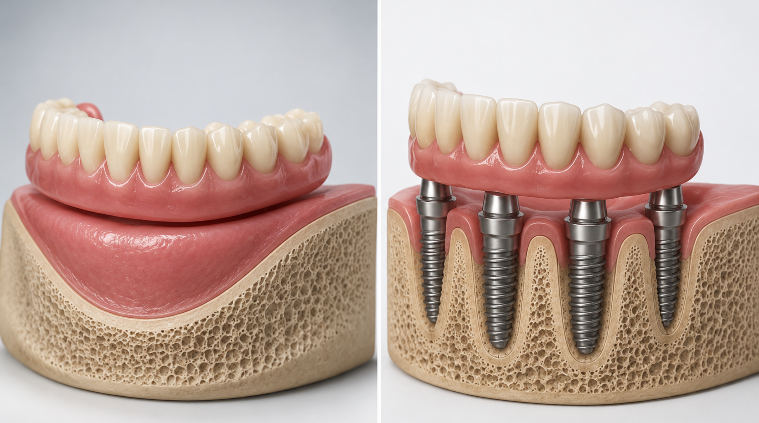Comparaison entre un dentier traditionnel et une restauration dentaire soutenue par des implants