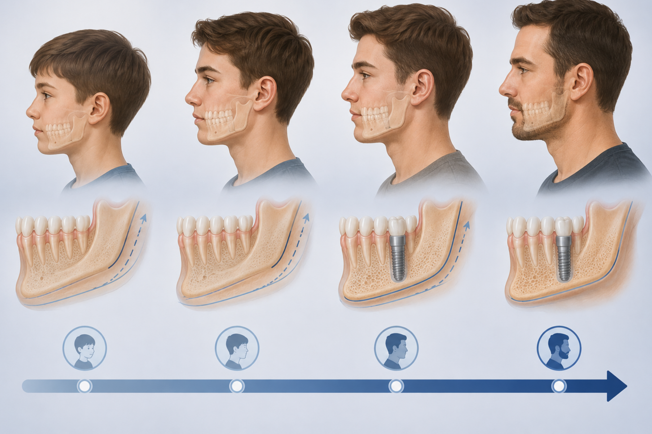 Illustration montrant comment la croissance de la mâchoire peut influencer la pose d’un implant dentaire chez les jeunes patients