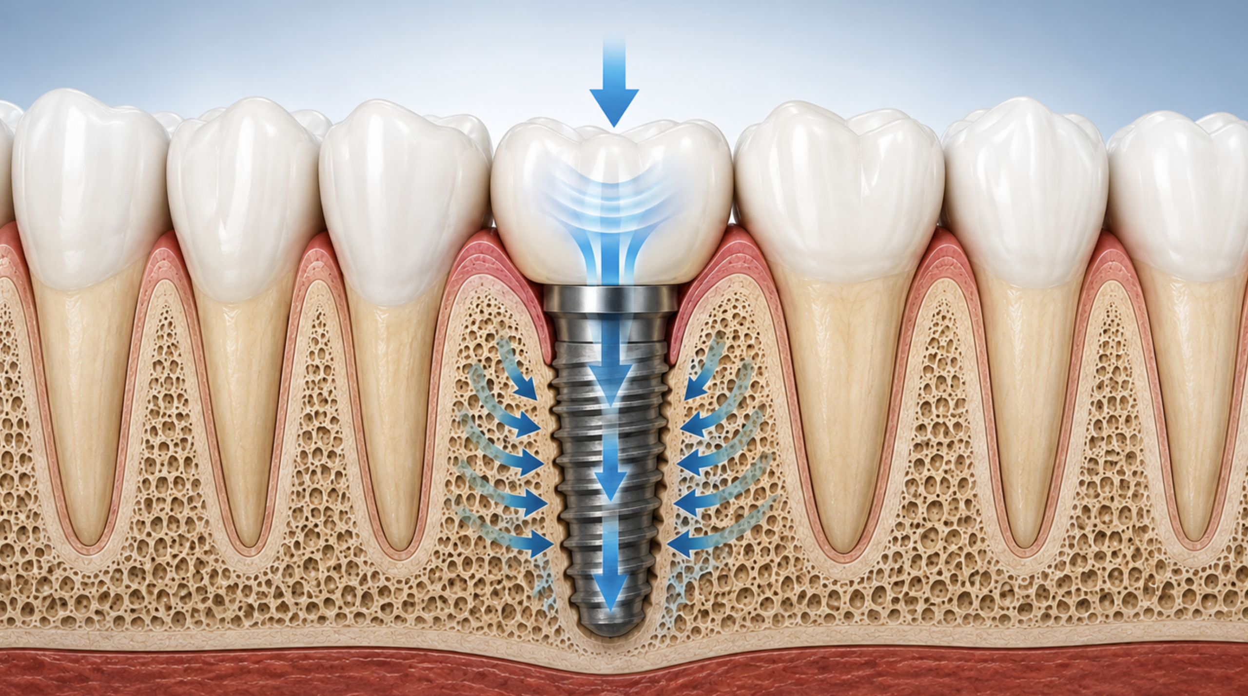 Illustration montrant comment un implant dentaire transmet les forces de mastication à l’os de la mâchoire