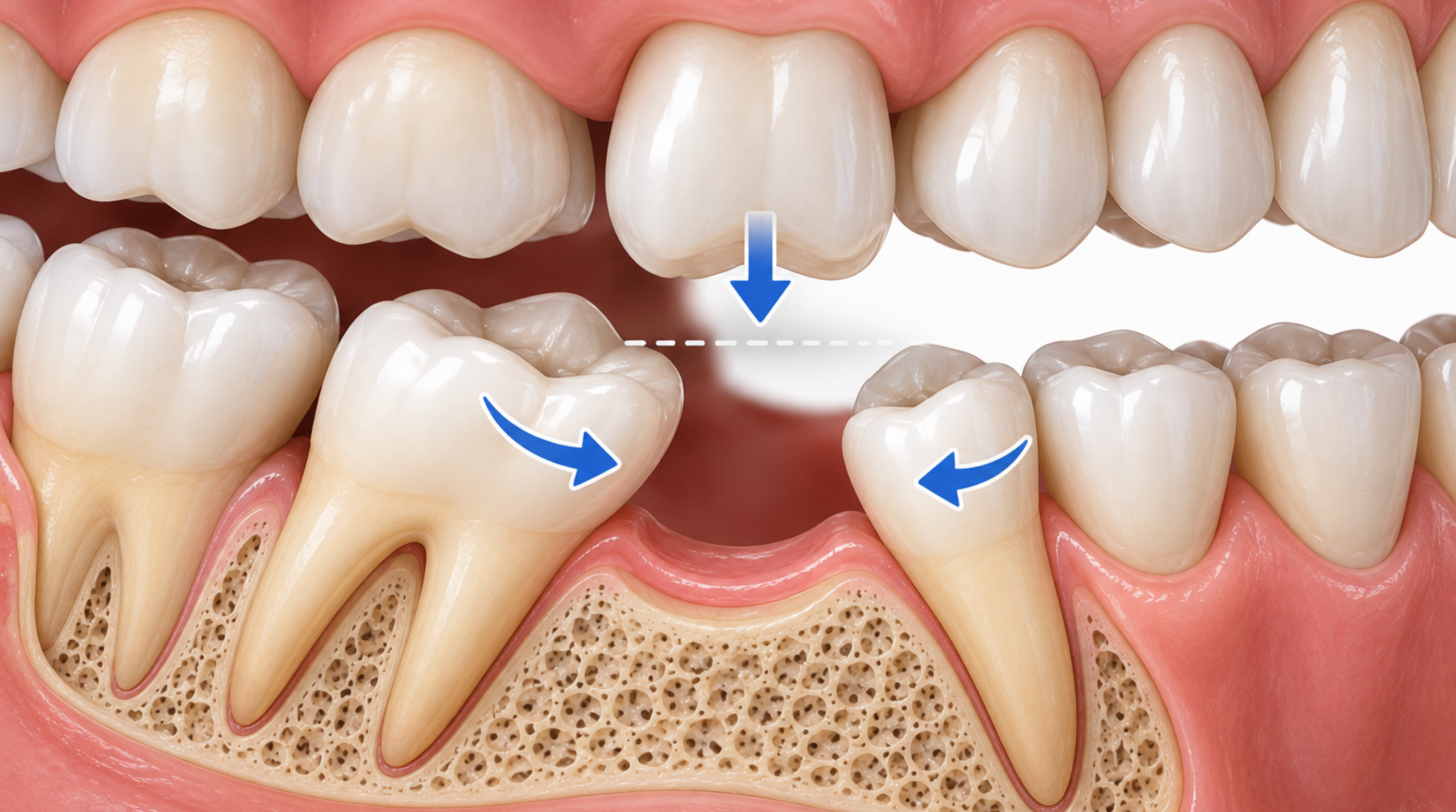 Diagram of neighbouring teeth shifting and an opposing tooth over-erupting into a missing-tooth space. 