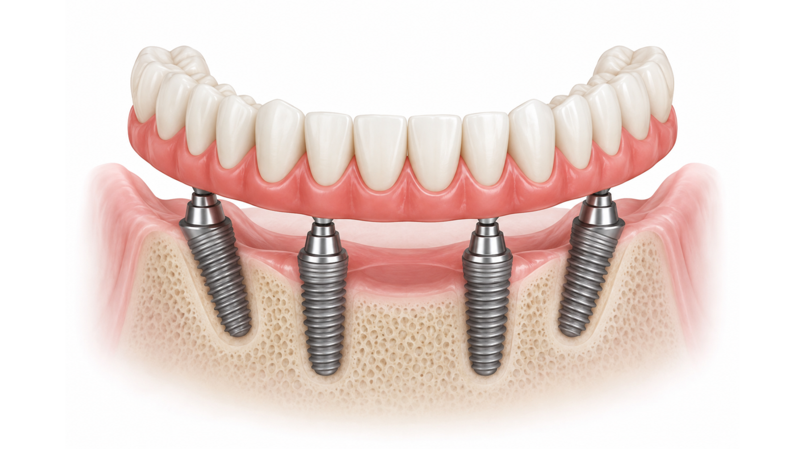 Four dental implants supporting a complete arch of replacement teeth. 