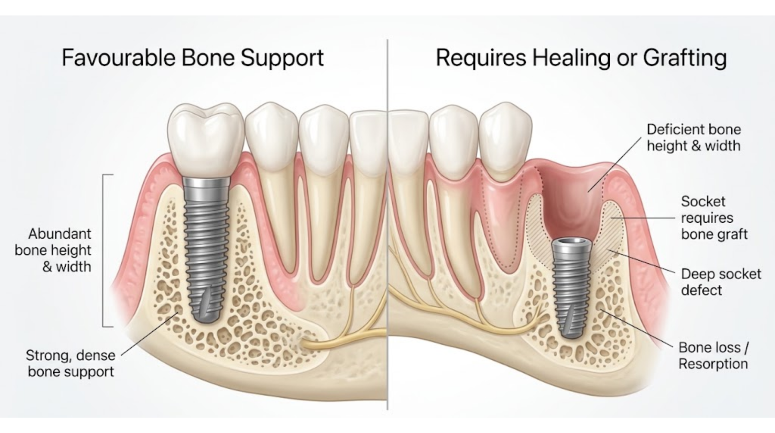 Comparison of a dental implant site with favourable bone and a site requiring staged treatment.