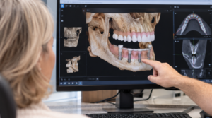 Oral surgeon reviewing 3D jaw imaging for implant treatment after long-term denture wear.