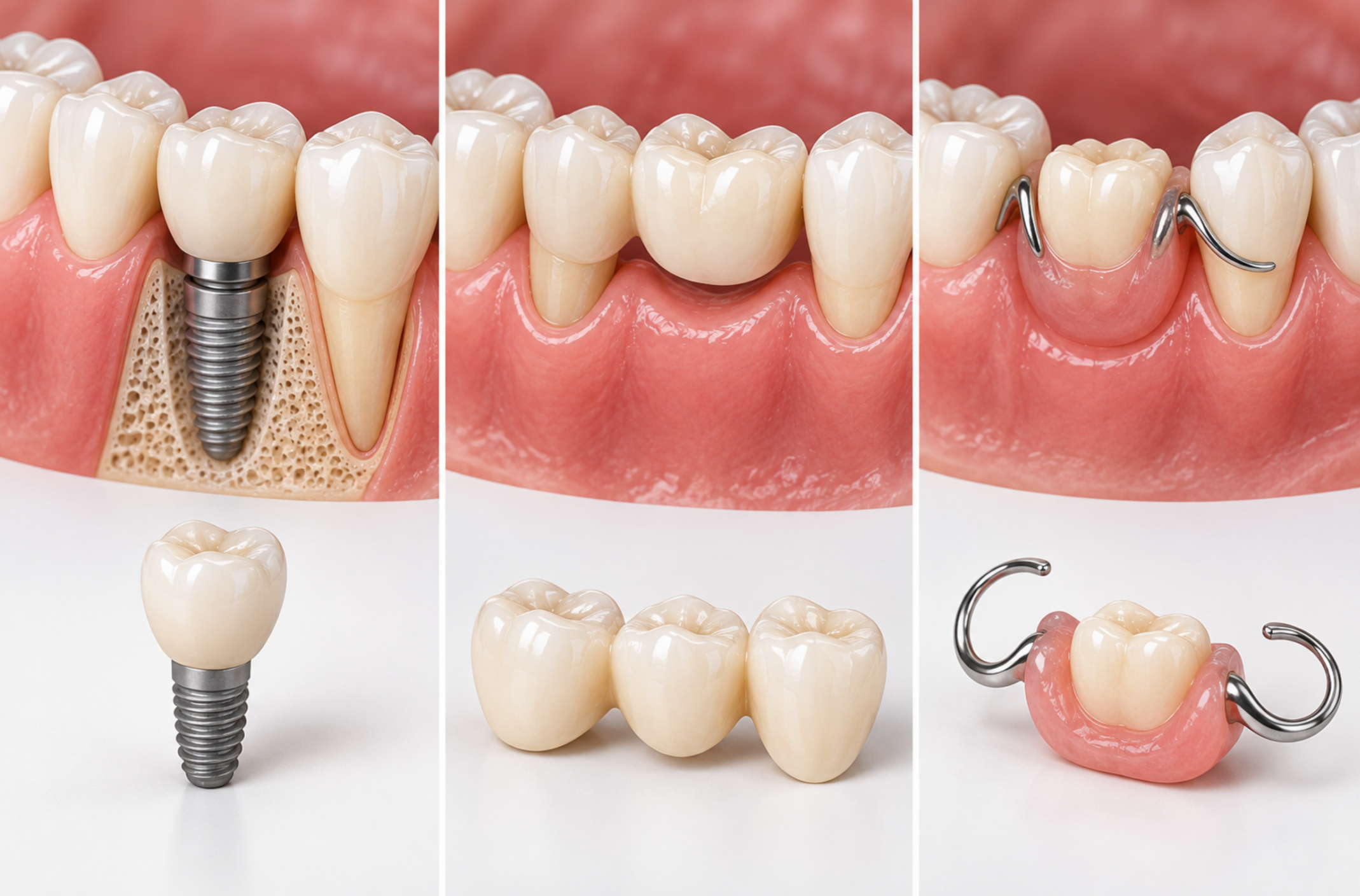 Dental implant, fixed bridge and removable partial denture options for a missing tooth.