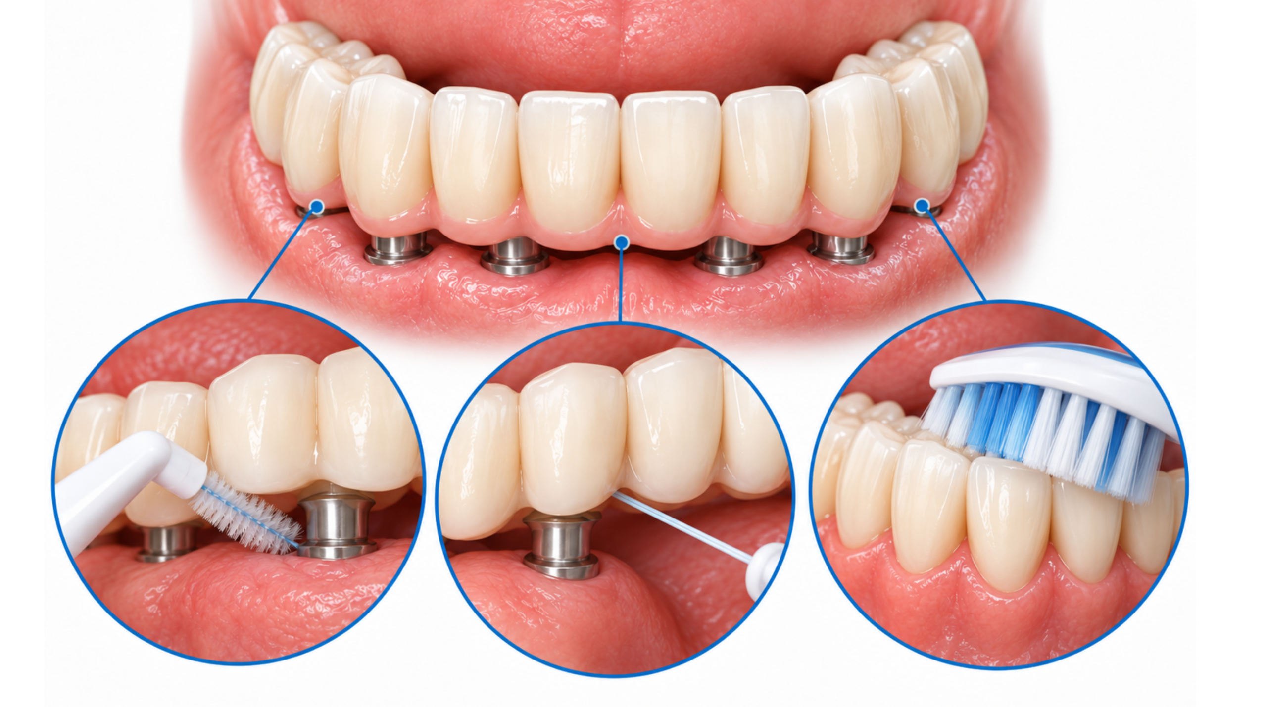 Educational illustration showing cleaning beneath a fixed full-arch restoration and around implant attachments with appropriate hygiene tools