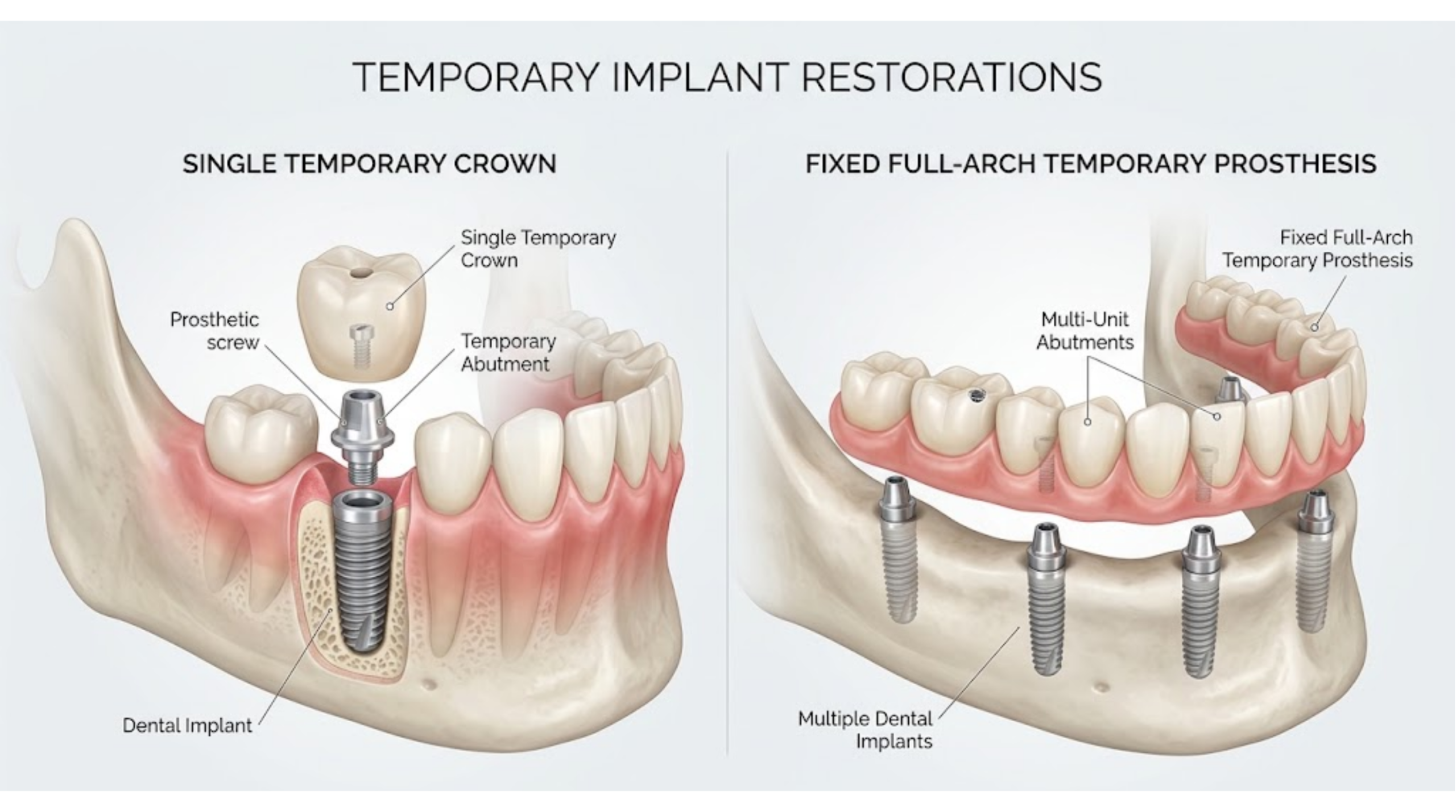 Single temporary implant crown and full-arch temporary prosthesis supported by dental implants.