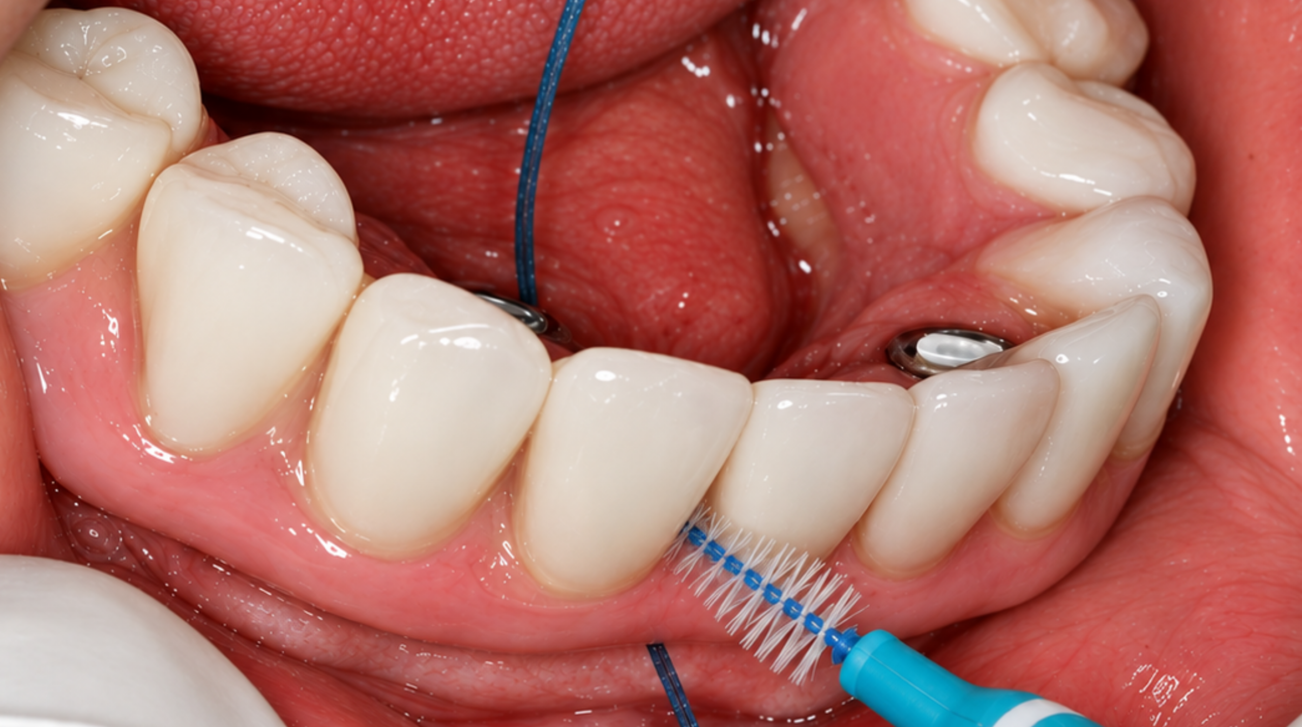 Cleaning beneath a fixed full-arch implant restoration with specialized hygiene tools.