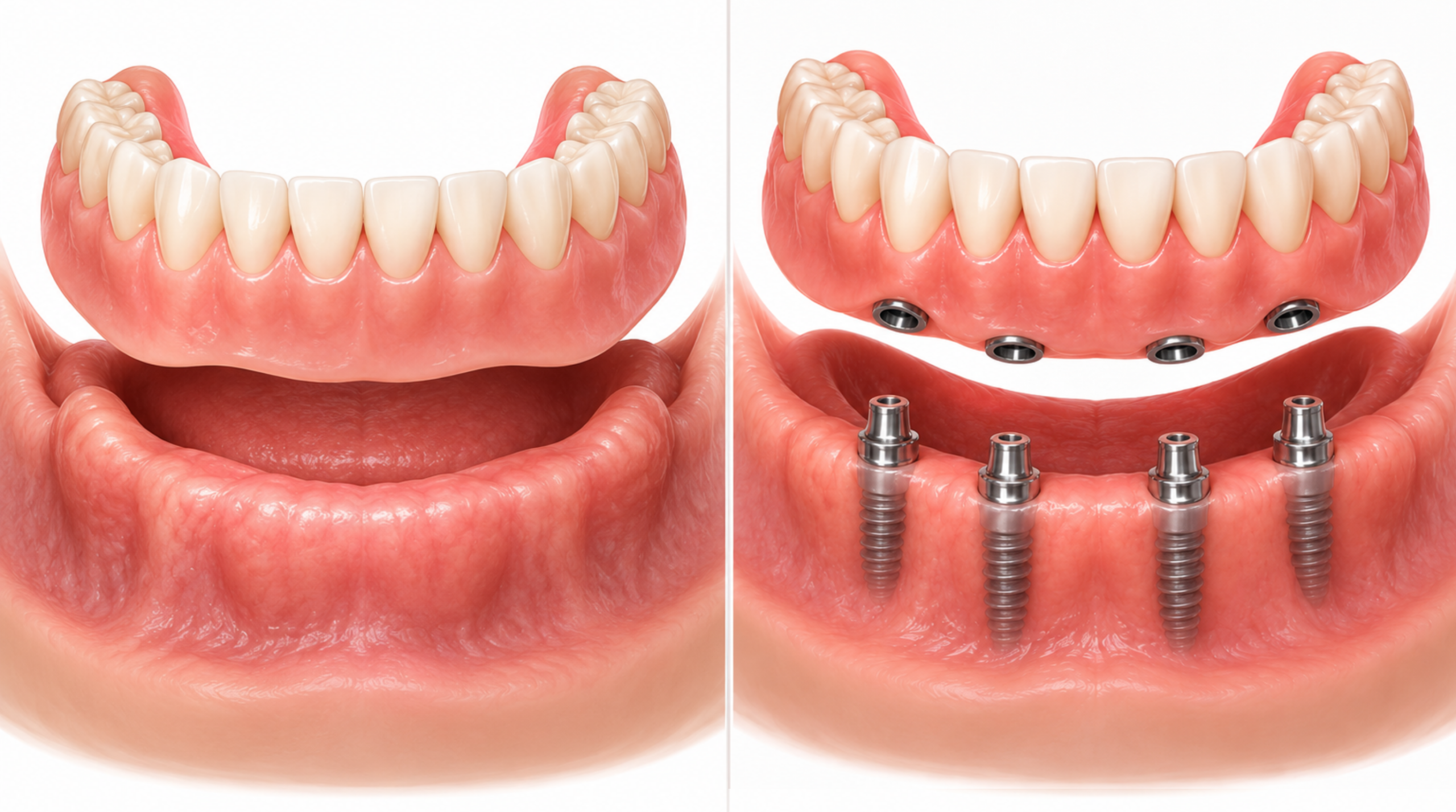 Comparison of a traditional denture and a removable implant-retained denture.