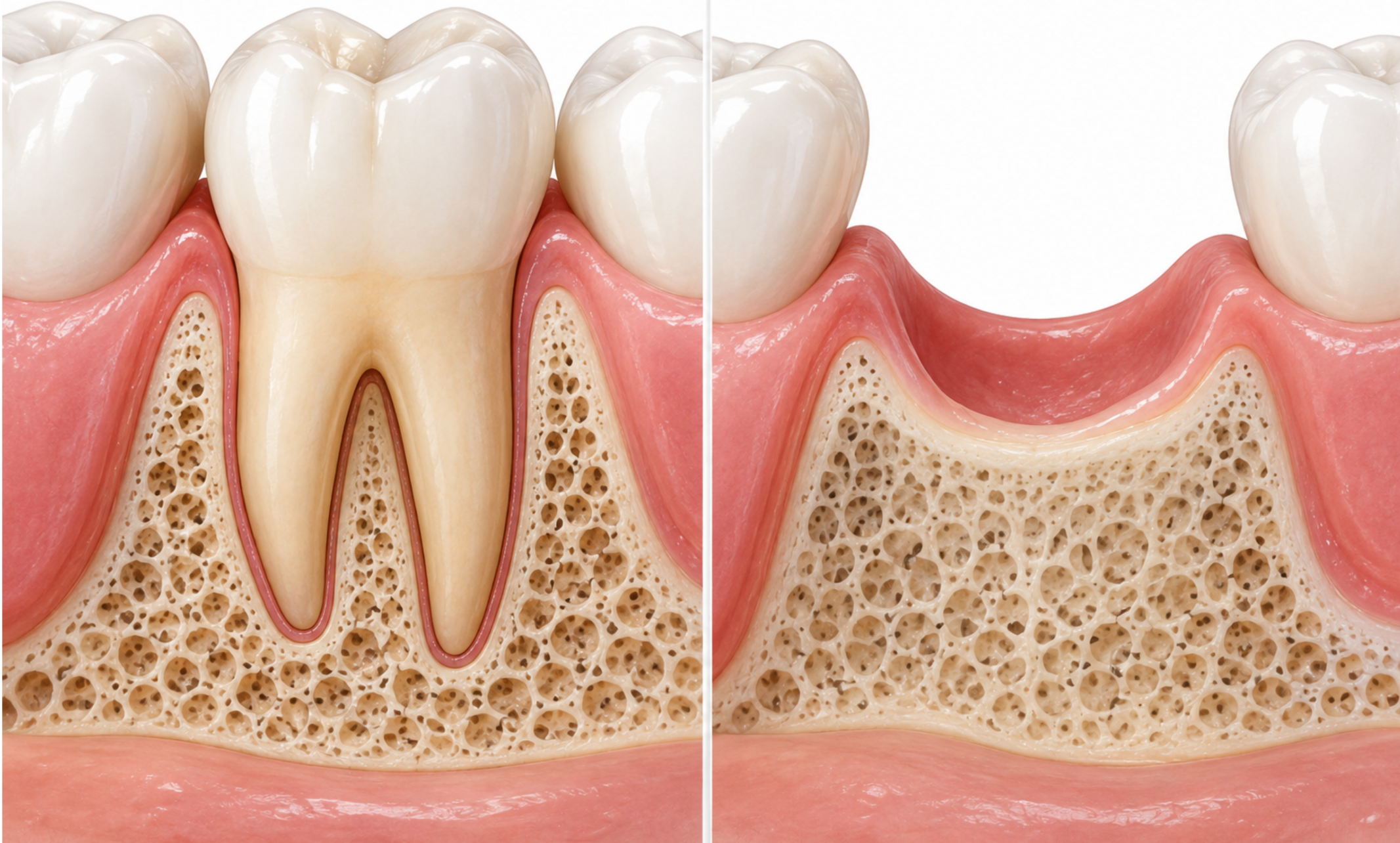 Illustration of jawbone remodelling after a tooth is lost. 