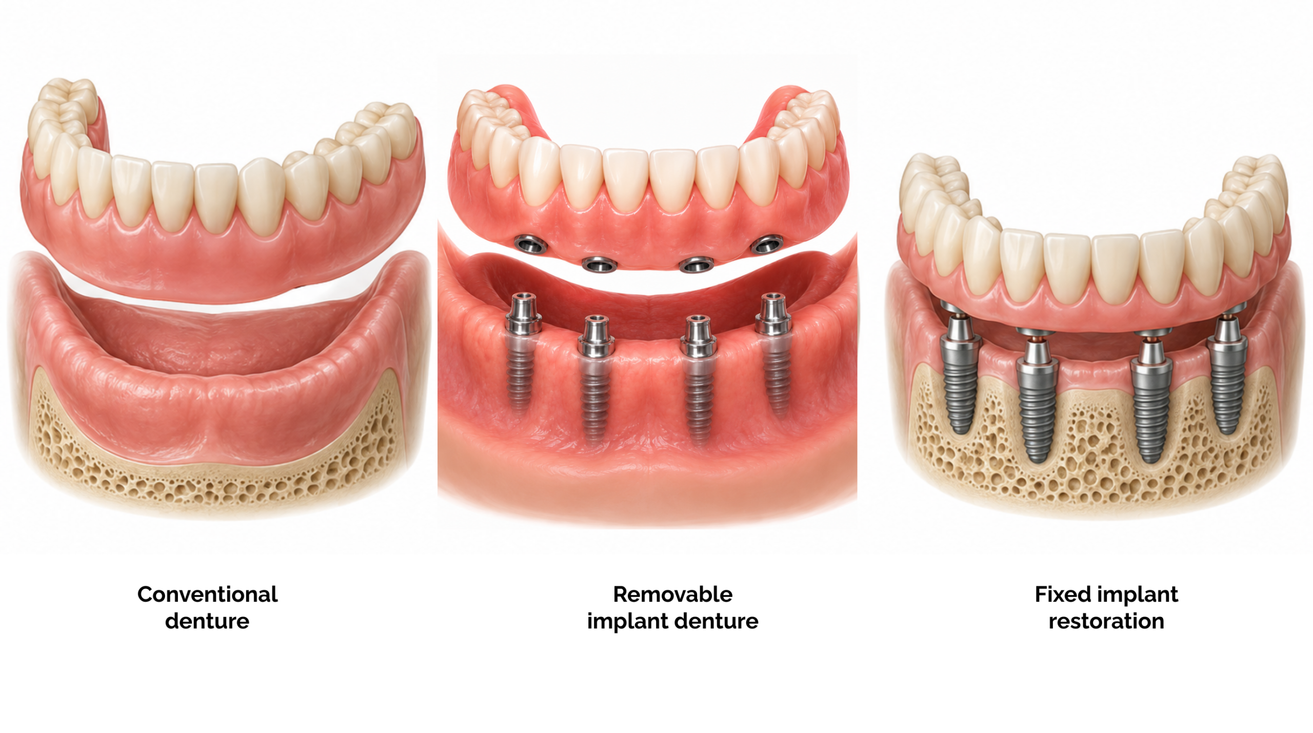Comparison of a conventional denture, removable implant denture and fixed implant restoration