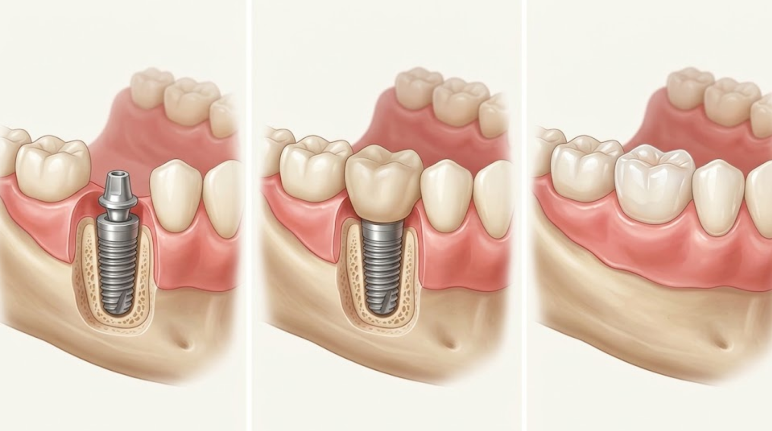 Dental implant, temporary crown and final crown shown as separate treatment stages